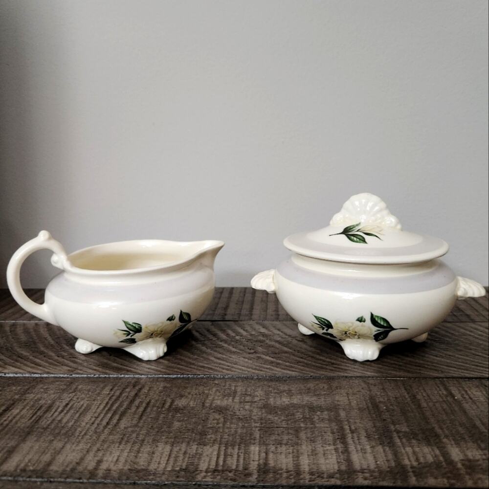 Vintage Homer Laughlin Nautilus Grey Gardenia Footed Sugar Bowl Lid Creamer Set
